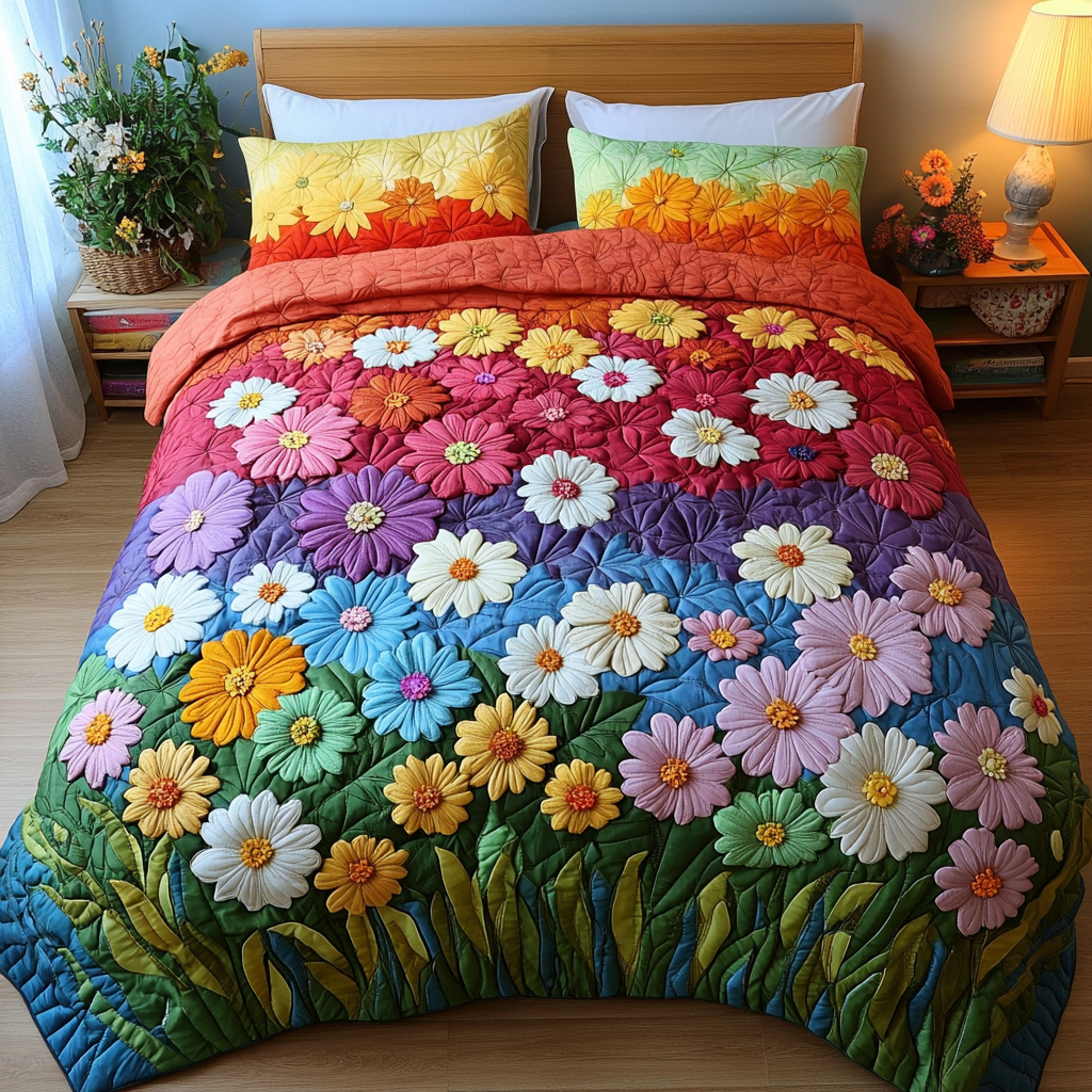 Flower Bliss Quilted Bedding Set Duvet Cover Bedspreads Daisy Themed Presents Flower Bliss Quilted Bedding Set Duvet Cover Bedspreads Daisy Themed Presents