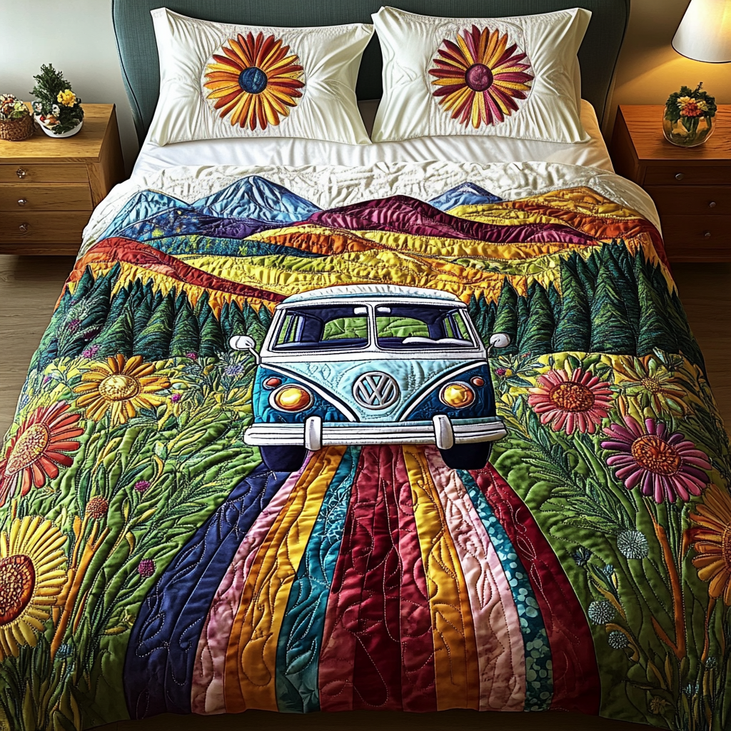 Flower Drive Quilted Bedding Set Duvet Cover Bedspreads Christmas Presents For Hippies