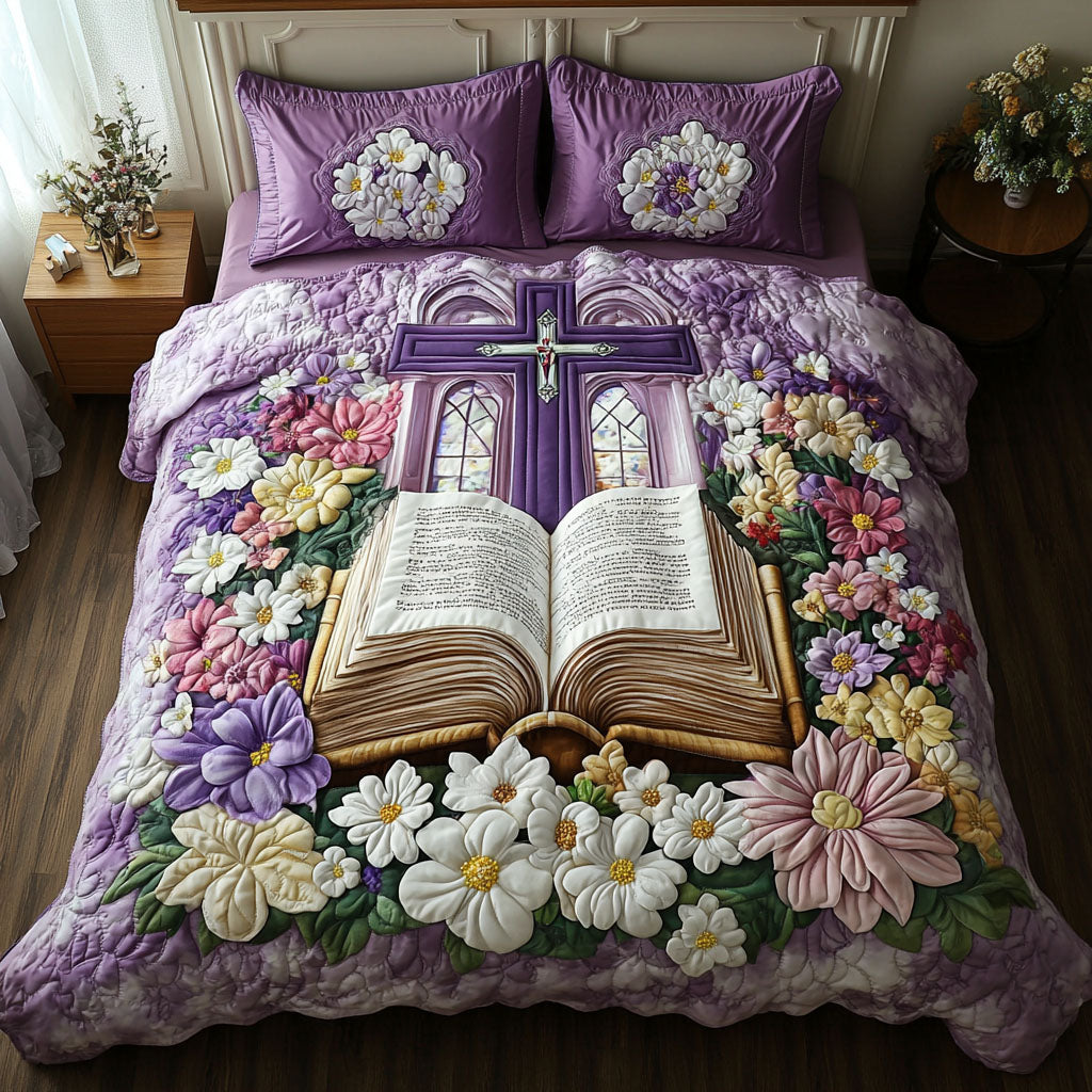 Flowered Cross Quilted Bedding Set Duvet Cover Bed Sheet Set Religious Gift For Him Flowered Cross Quilted Bedding Set Duvet Cover Bed Sheet Set Religious Gift For Him