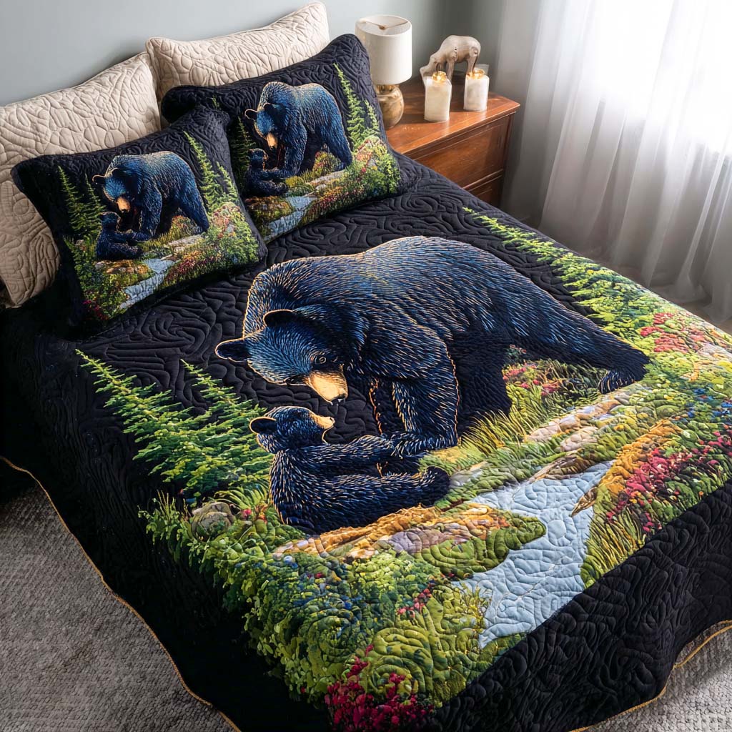 Forest Embrace Quilted Bedding Set Duvet Cover Merch Unique Gifts For Bear Lovers