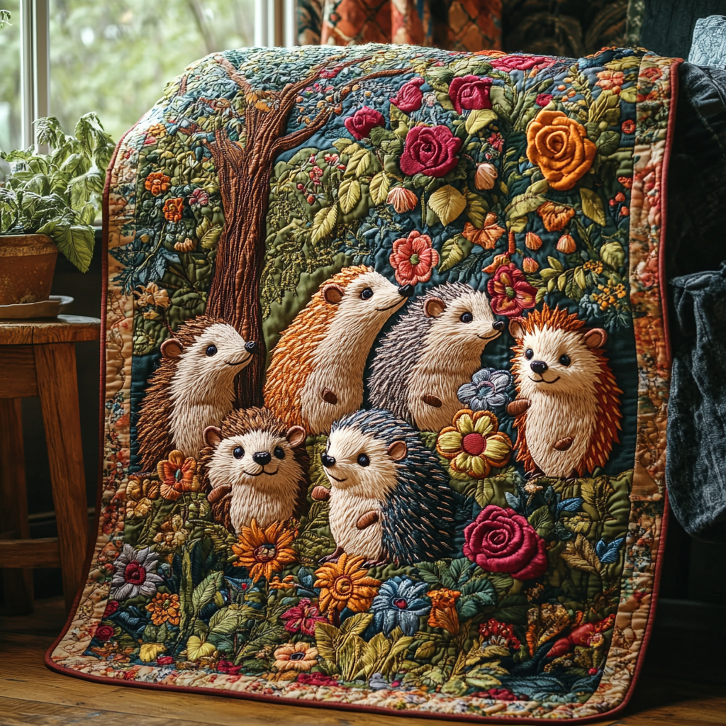 Forest Friend Quilted Blanket Cute Colorful Blanket Gift For Hedgehog Owners Forest Friend Quilted Blanket Cute Colorful Blanket Gift For Hedgehog Owners