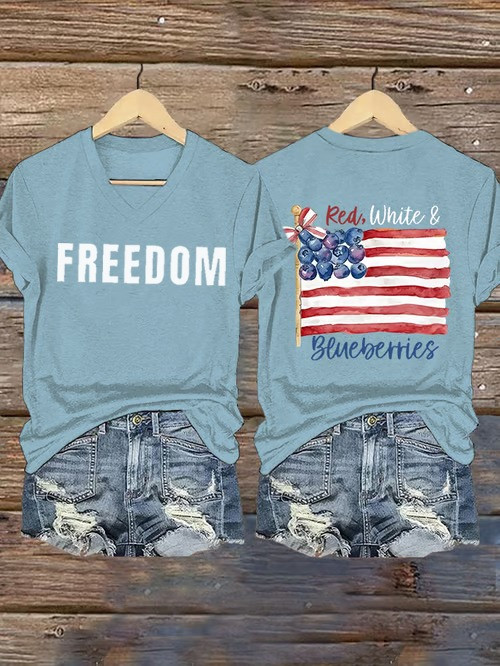 Freedom Charlie Kirk V-Neck Shirt Red White And Blueberries Shirt Gifts For Trump Fans Freedom Charlie Kirk V-Neck Shirt Red White And Blueberries Shirt Gifts For Trump Fans