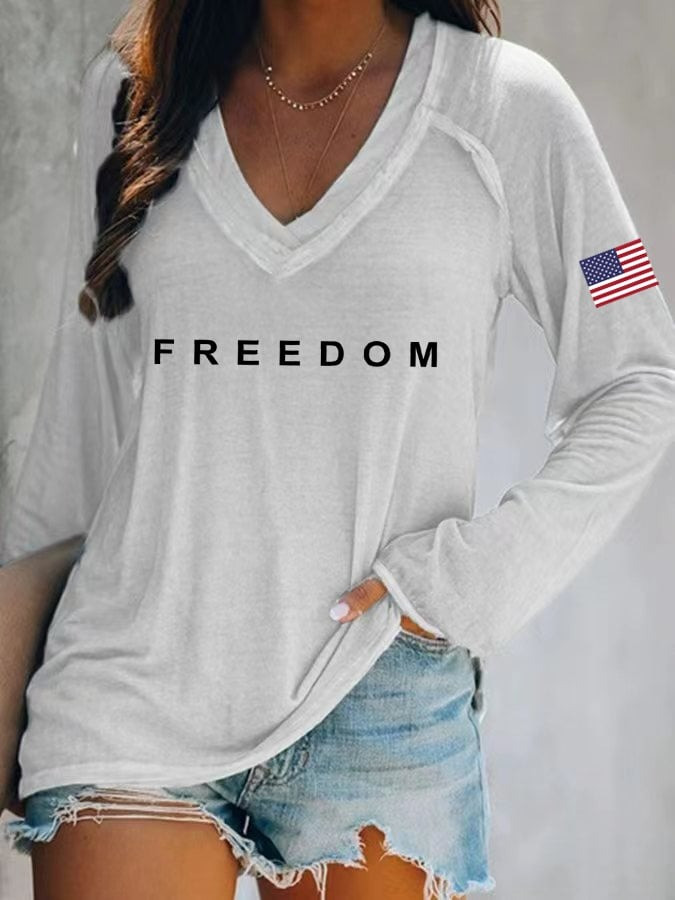 Freedom V-Neck Long Sleeve T-Shirt USA Flag Charlie Kirk Merch Patriotic Merch Gifts For Mom Freedom V-Neck Long Sleeve T-Shirt USA Flag Charlie Kirk Merch Patriotic Merch Gifts For Mom