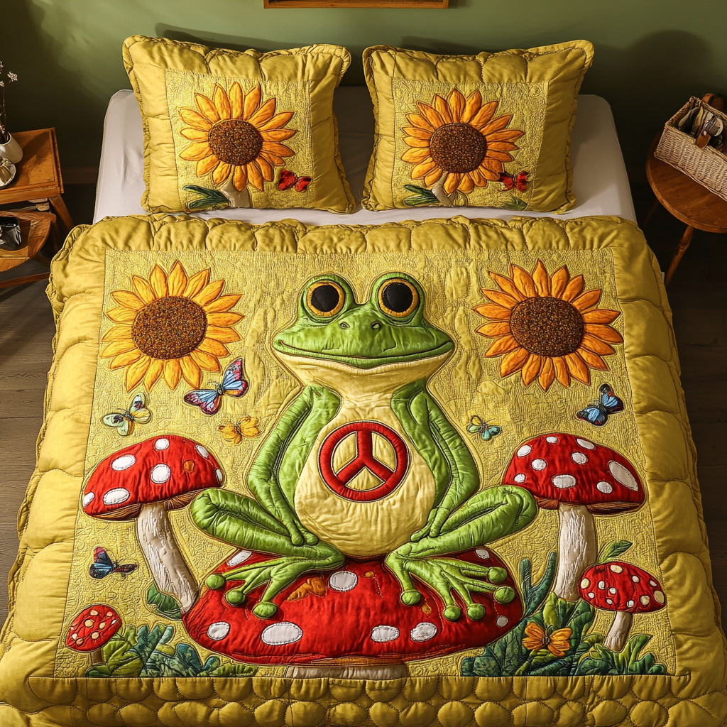 Frog Vibes Quilted Bedding Set Duvet Cover Bedspreads Hippy Gifts For Him