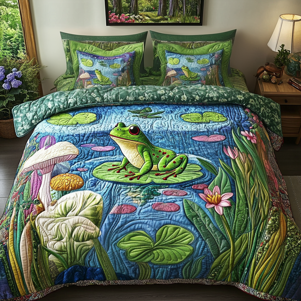 Froggy Dreams Quilted Bedding Set Duvet Cover Bed Sheet Set Gift For Frog Lover Froggy Dreams Quilted Bedding Set Duvet Cover Bed Sheet Set Gift For Frog Lover