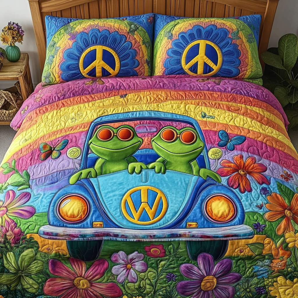 Froggy Journey Quilted Bedding Set Duvet Cover Bed Sheet Set Frog Hippy Gift Ideas Froggy Journey Quilted Bedding Set Duvet Cover Bed Sheet Set Frog Hippy Gift Ideas