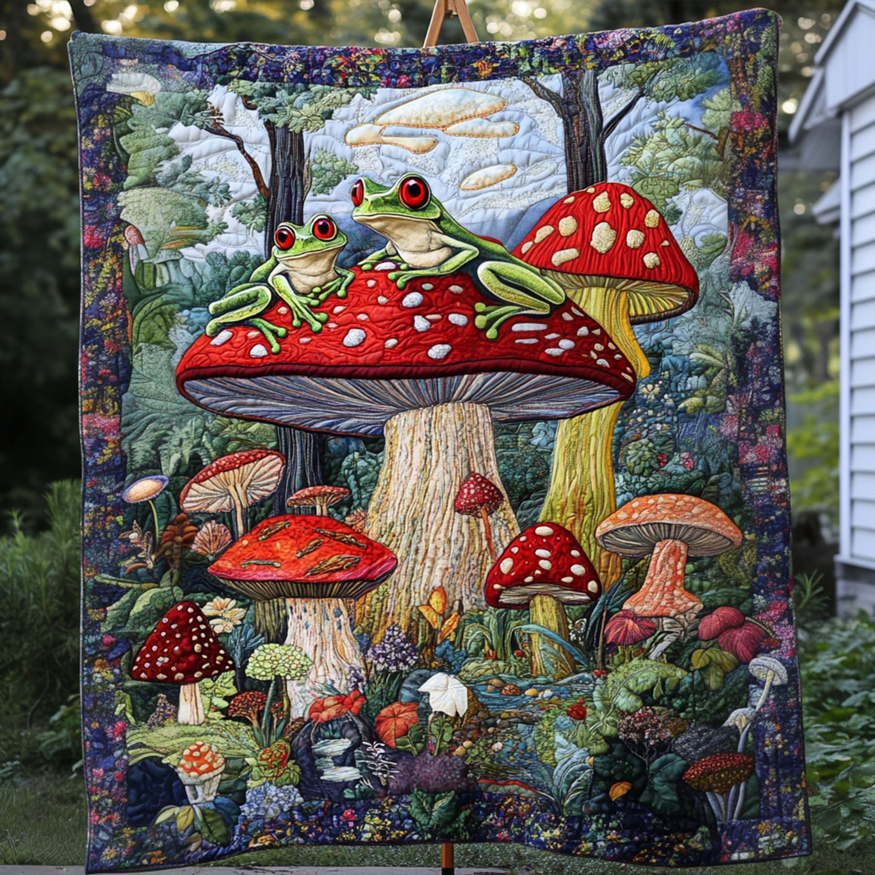 Frogs and Fungi Fantasy Quilted Blanket Cute Colorful Blanket Frog Christmas Gifts Mushroom Frogs and Fungi Fantasy Quilted Blanket Cute Colorful Blanket Frog Christmas Gifts Mushroom