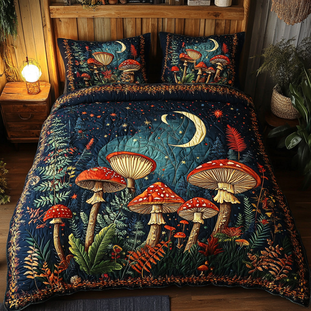 Fungi Forest Quilted Bedding Set Duvet Cover Bedspreads Best Gifts For Hippies