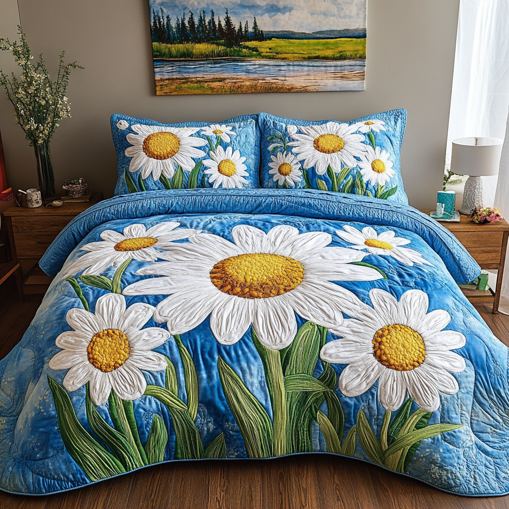 Garden Comfort Quilted Bedding Set Duvet Cover Bed Sheet Set Flower Daisy Gifts For Her