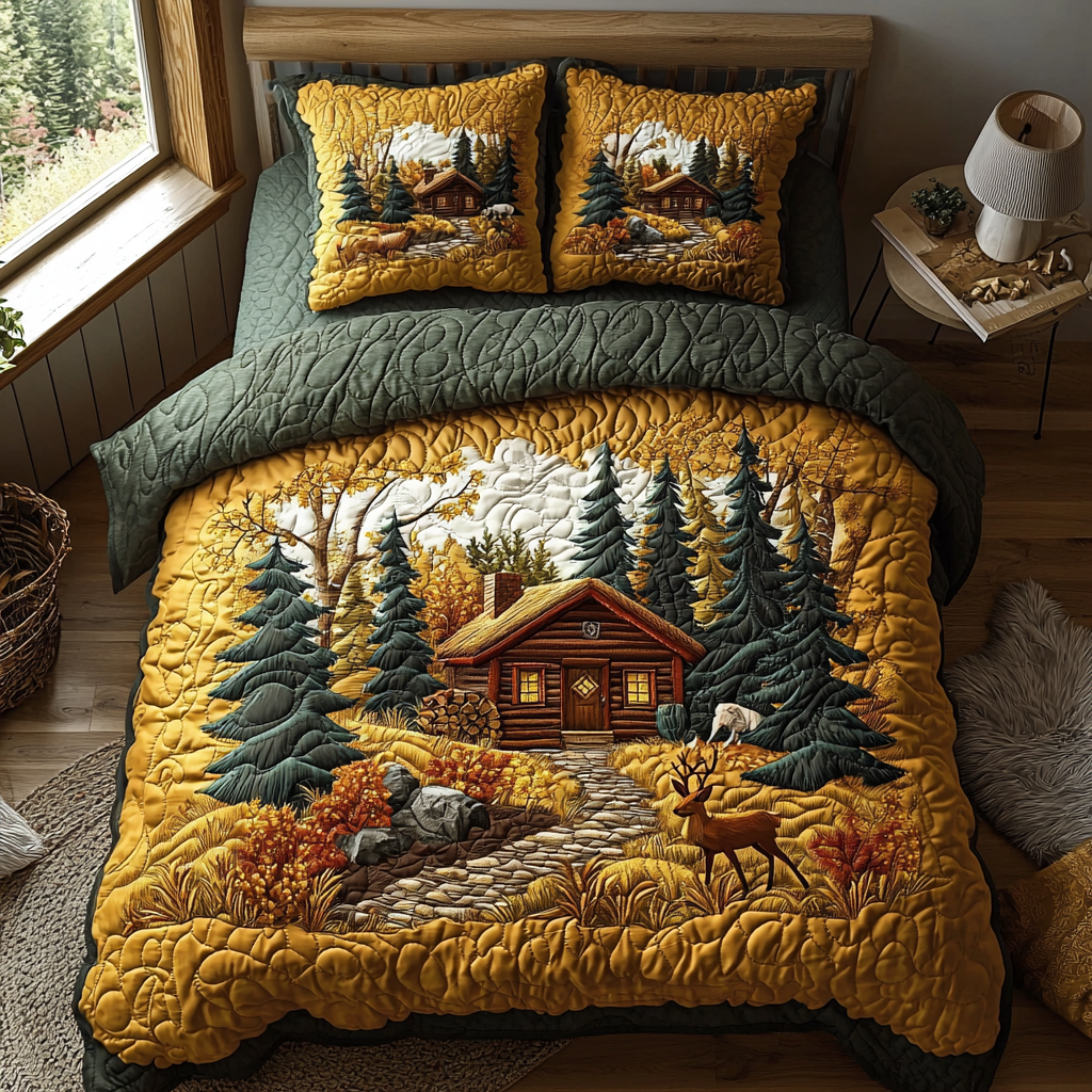 Golden Cabin Quilted Bedding Set Duvet Cover Bedspreads Family Christmas Gifts Golden Cabin Quilted Bedding Set Duvet Cover Bedspreads Family Christmas Gifts