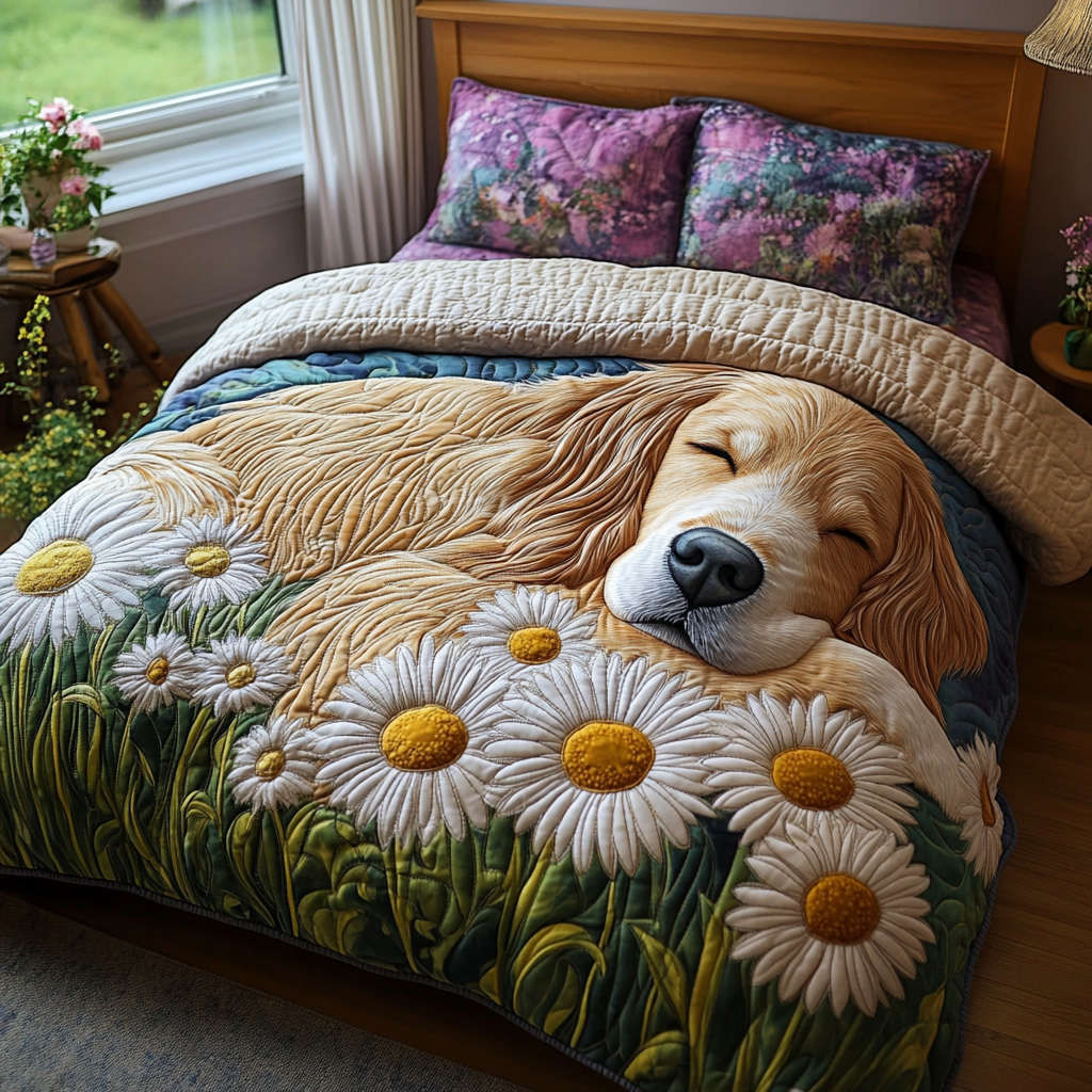 Golden Daisy Quilted Bedding Set Duvet Cover Bed Sheet Set Best Golden Retriever Gifts