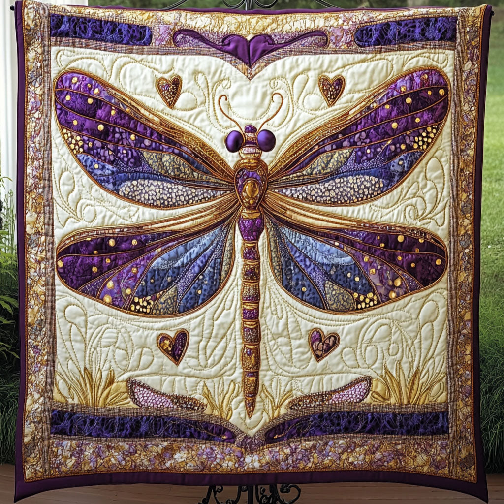 Golden Elegance Quilted Blanket Cute Colorful Blanket Gift For Someone Who Loves Dragonflies