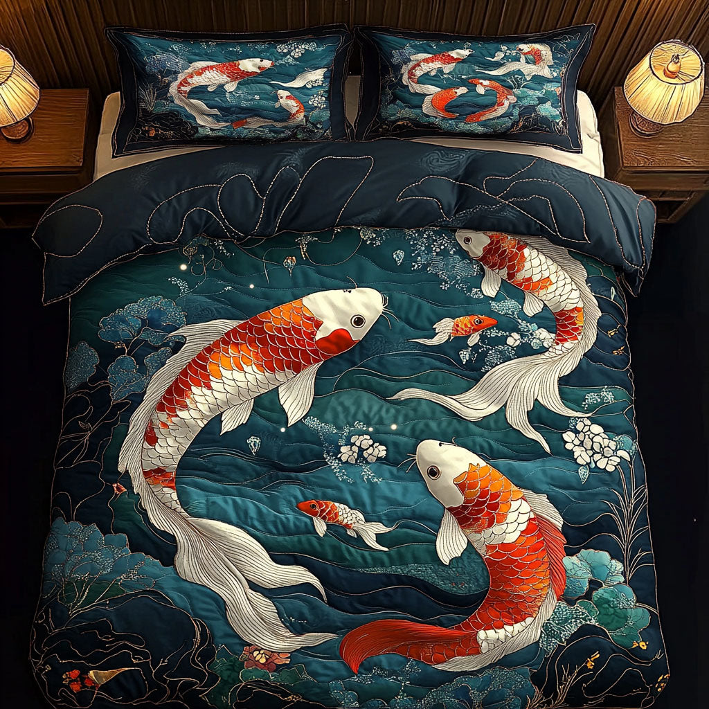 Golden Flow Quilted Bedding Set Duvet Cover Bedspread Koi Fish Merchandise Items