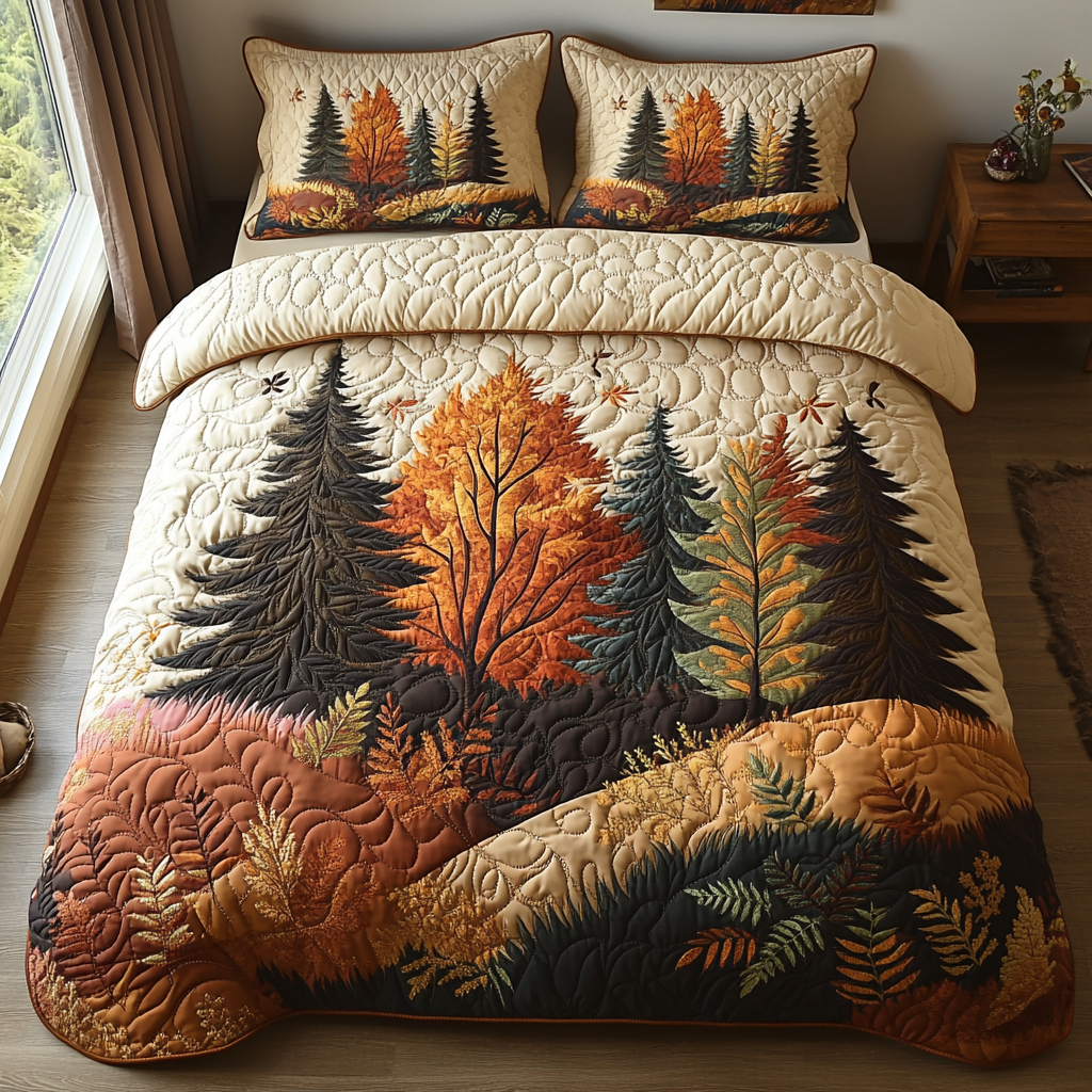 Golden Forest Quilted Bedding Set Duvet Cover Bedspread Gift For Mid Autumn Festival