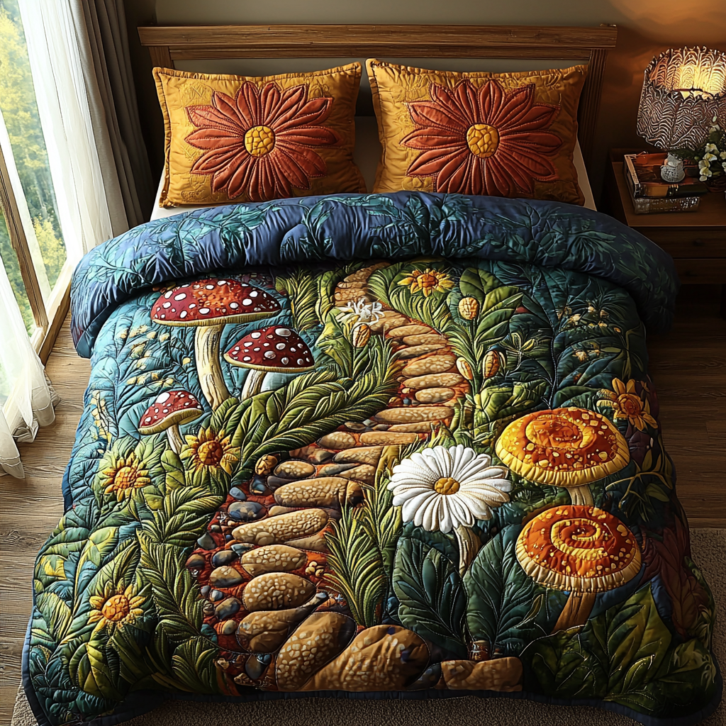 Golden Mushroom Path Quilted Bedding Set Duvet Cover Bedspreads Family Xmas Presents Golden Mushroom Path Quilted Bedding Set Duvet Cover Bedspreads Family Xmas Presents