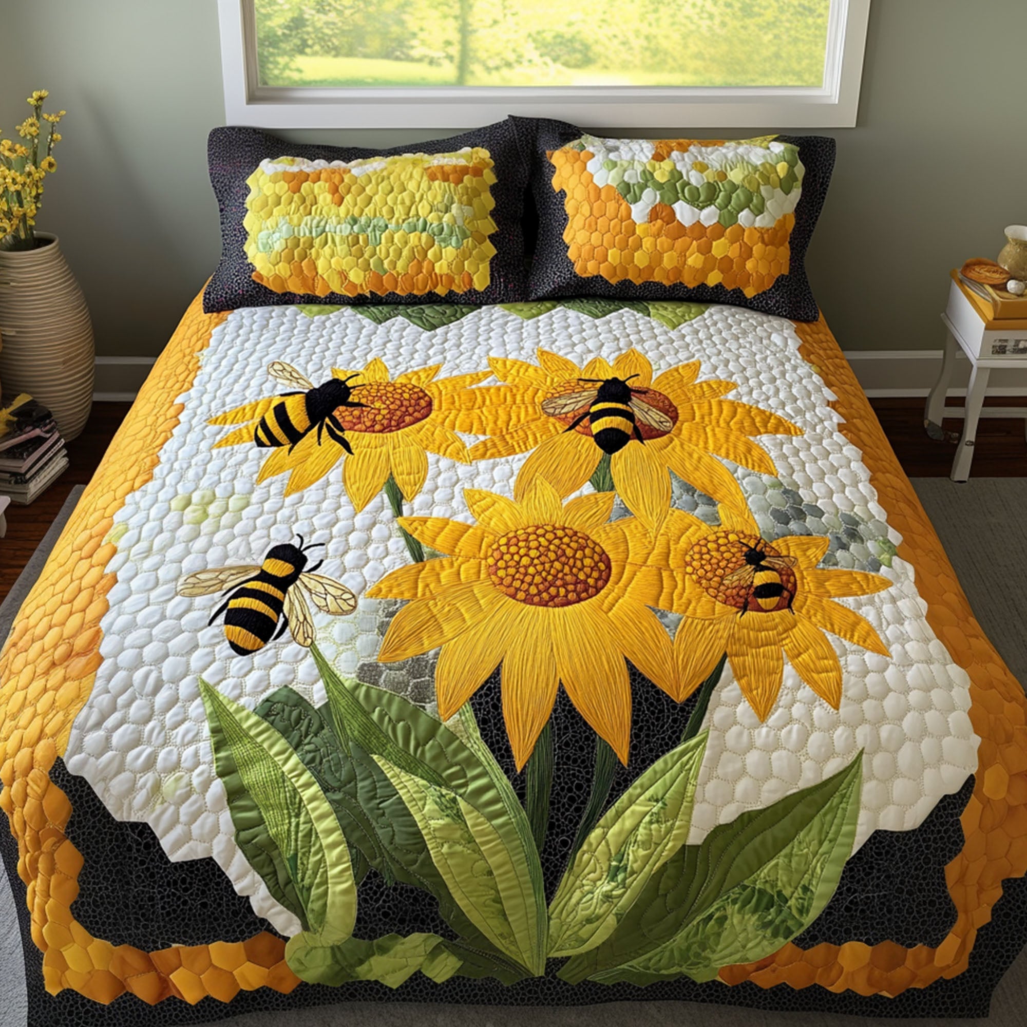 Golden Nectar Quilted Bedding Set Duvet Cover Bed Sheet Set Unique Bee Gifts Golden Nectar Quilted Bedding Set Duvet Cover Bed Sheet Set Unique Bee Gifts