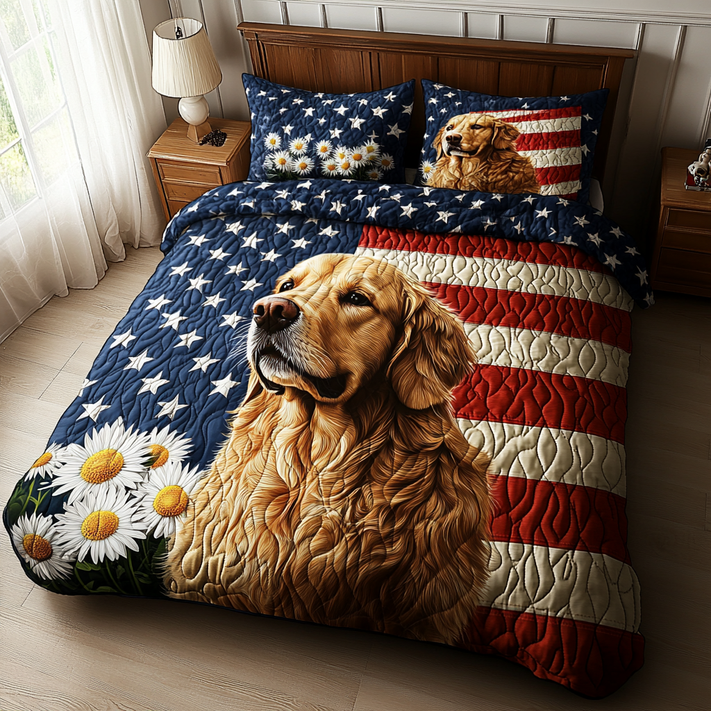 Golden Patriot Quilted Bedding Set Duvet Cover Bed Sheet Set Golden Retriever Themed Gifts
