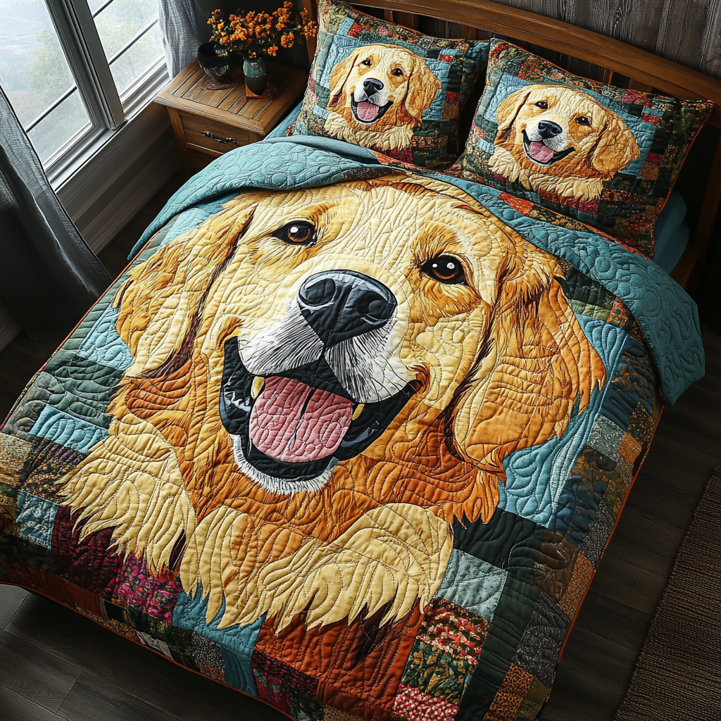 Golden Paws Quilted Bedding Set Duvet Cover Bed Sheet Set Golden Retriever Christmas Tree Decoration