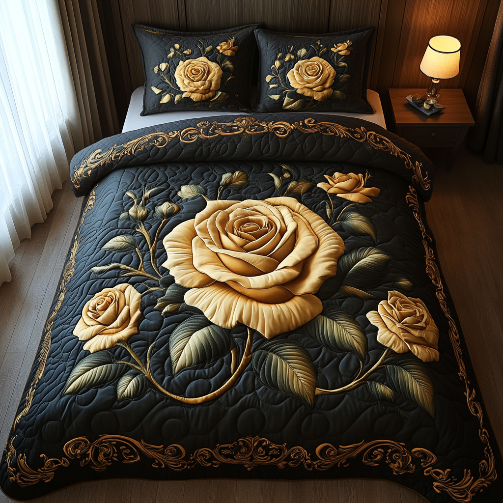 Golden Roses Glow Quilted Bedding Set Duvet Cover Bedspread Gifts For Flower Enthusiasts