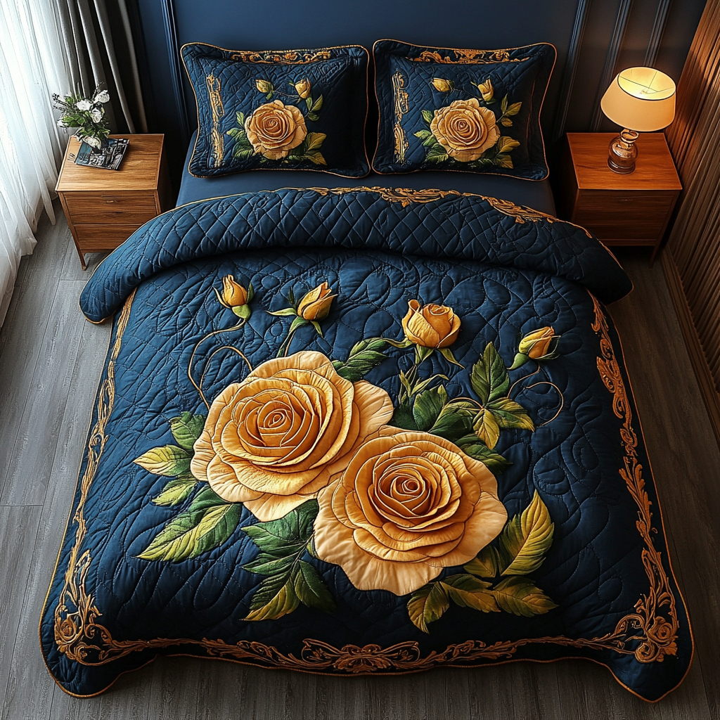 Golden Roses Grace Quilted Bedding Set Duvet Cover Bedspread Christmas Gifts For Flower Lovers Golden Roses Grace Quilted Bedding Set Duvet Cover Bedspread Christmas Gifts For Flower Lovers