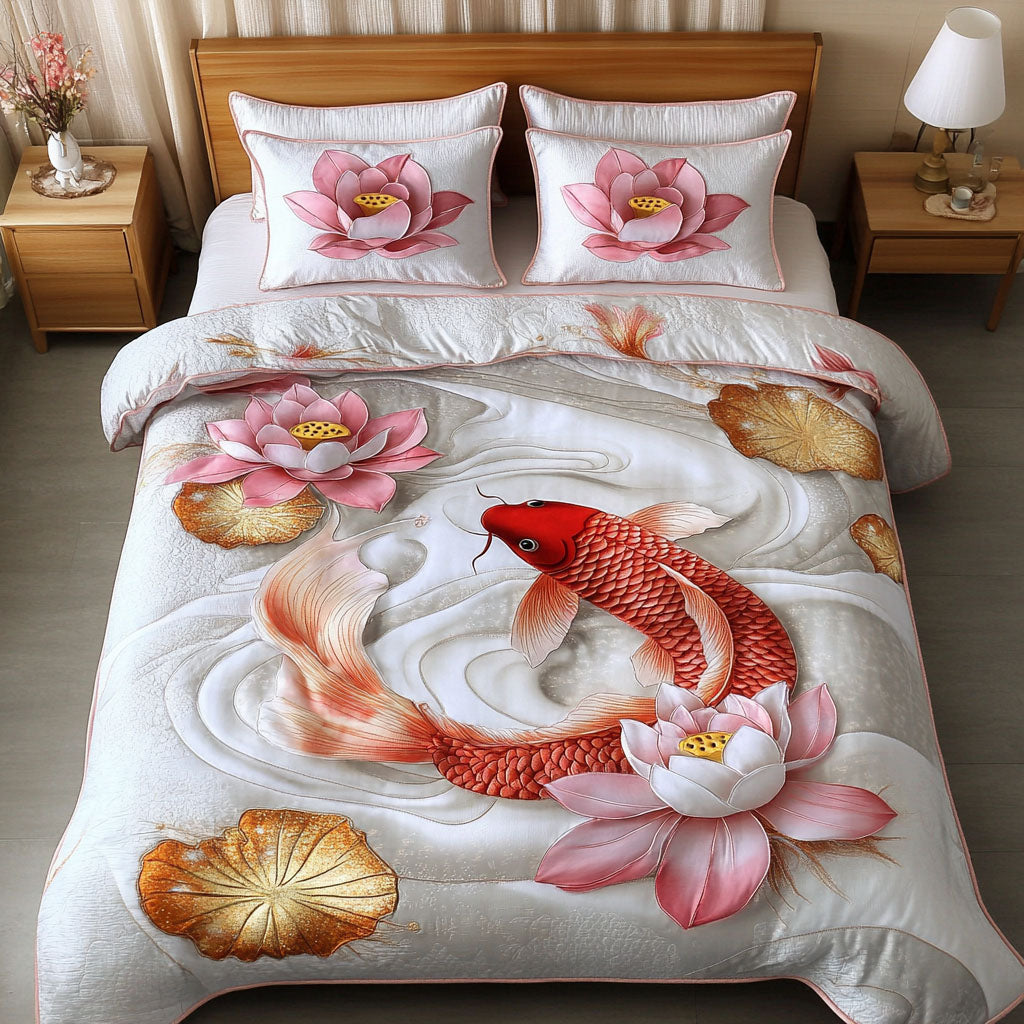 Golden Swim Quilted Bedding Set Duvet Cover Bedspread Gift For Koi Fish Lovers