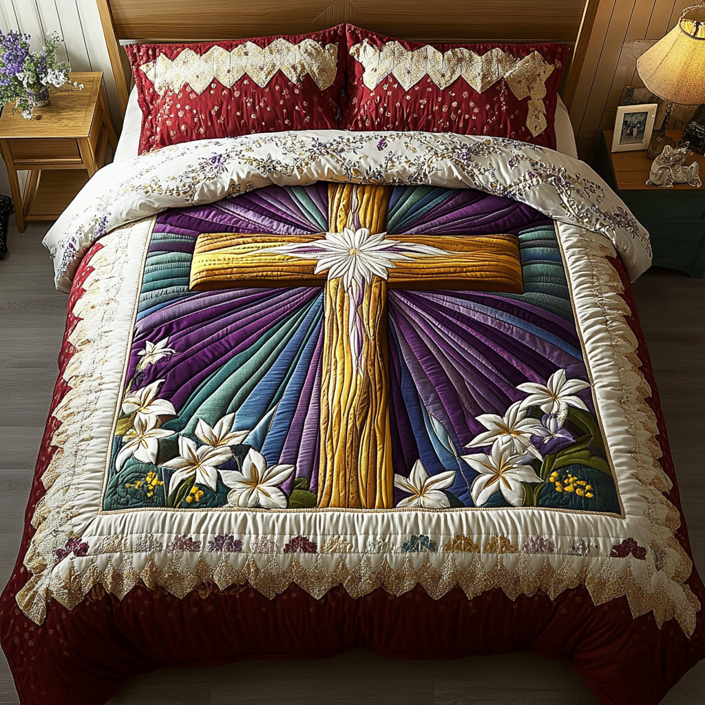 Graceful Cross Quilted Bedding Set Duvet Cover Merch Bible Gift Of Faith Christian