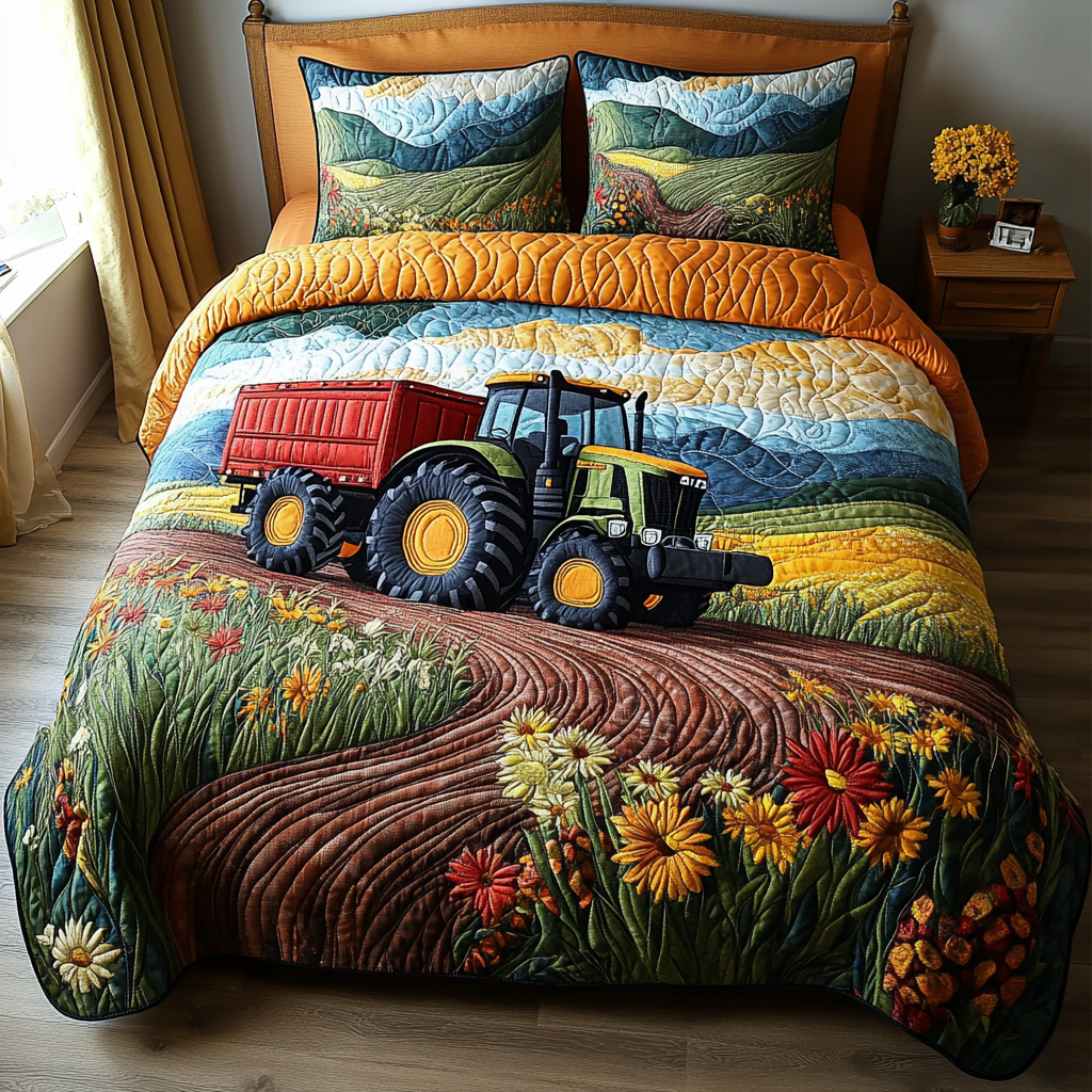 Green Fields Quilted Bedding Set Duvet Cover Bedspread Tractor Related Gifts Green Fields Quilted Bedding Set Duvet Cover Bedspread Tractor Related Gifts