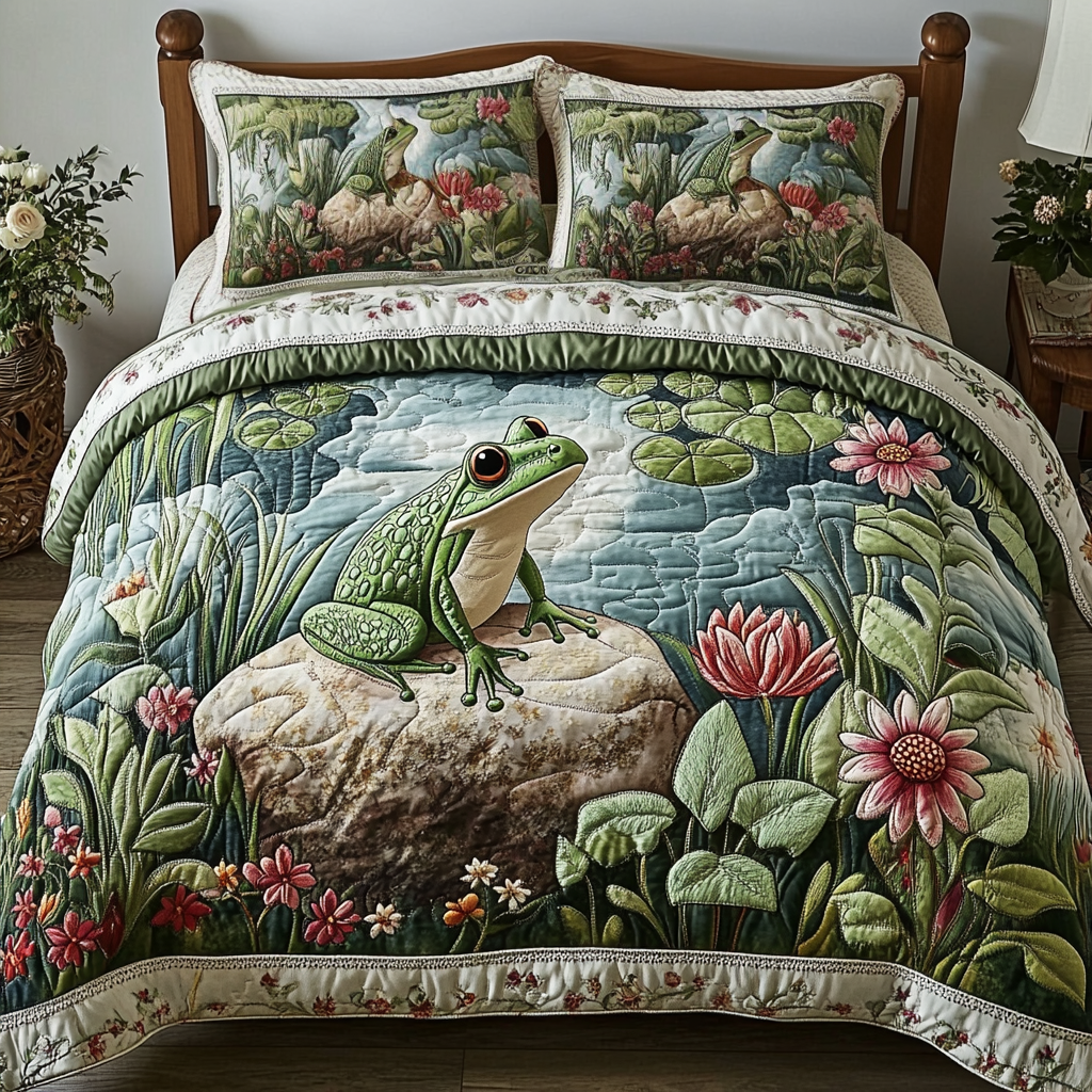 Green Frog Quilted Bedding Set Duvet Cover Bedspreads Cute Frog Gift Items