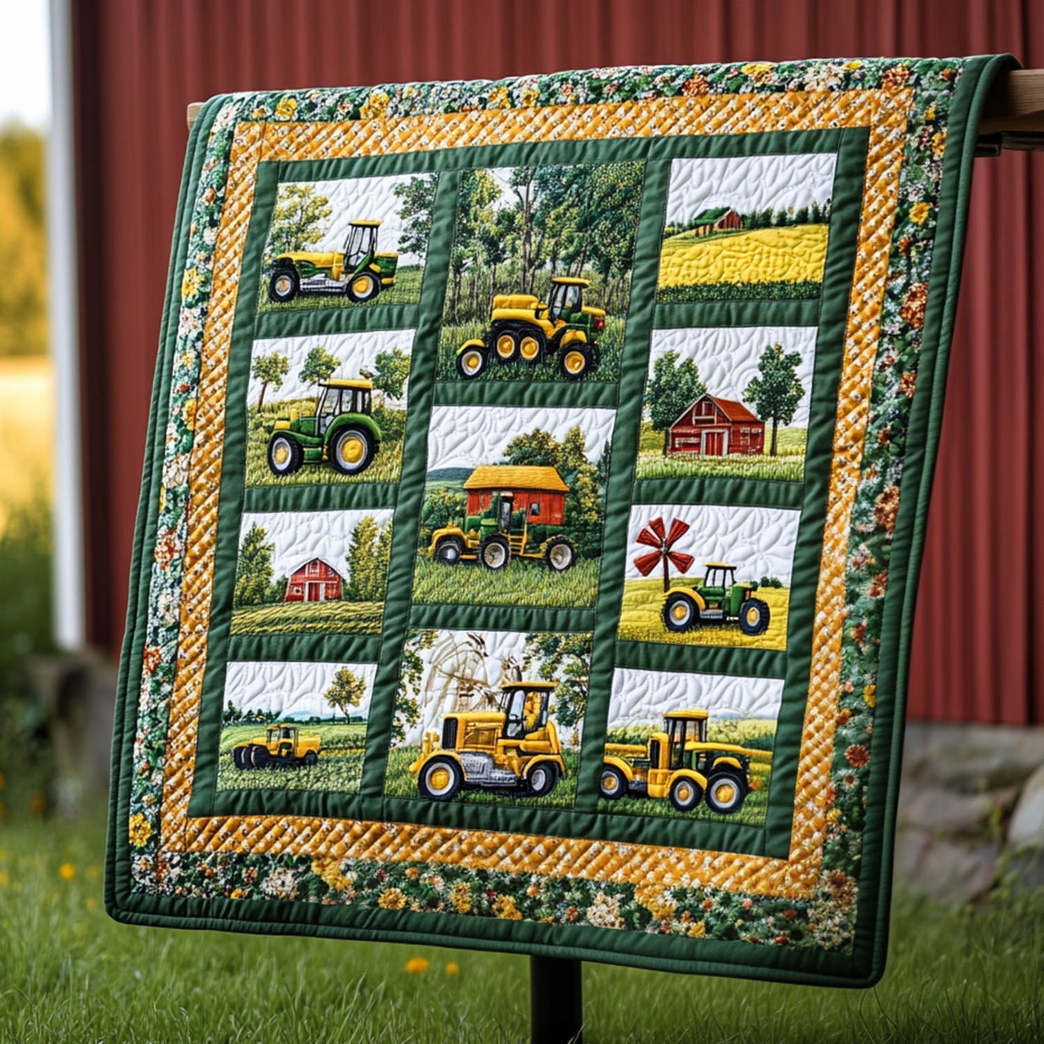 Green Pastures Quilted Blanket Cute Throw Blanket Tractor Themed Gifts Farmers Green Pastures Quilted Blanket Cute Throw Blanket Tractor Themed Gifts Farmers