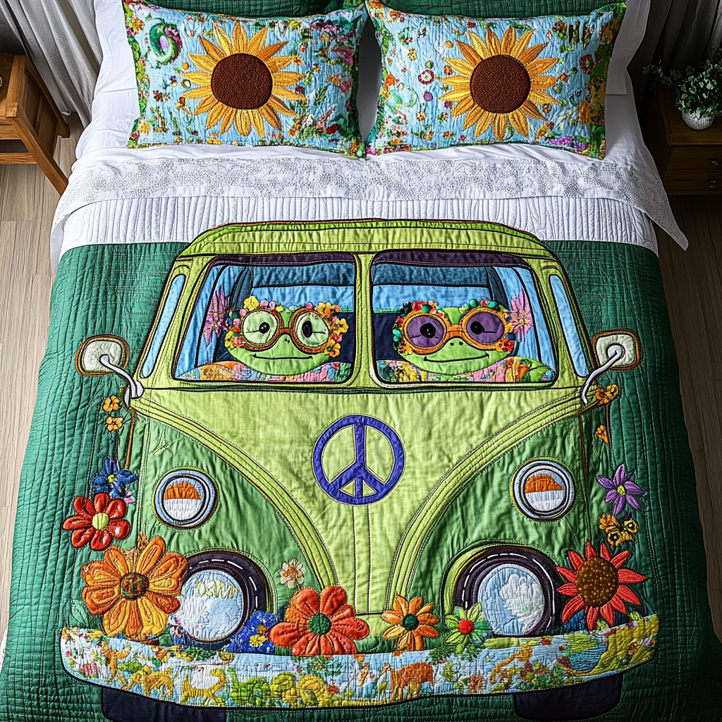 Groovy Frog Quilted Bedding Set Duvet Cover Bedspreads Best Christmas Gifts For Hippies