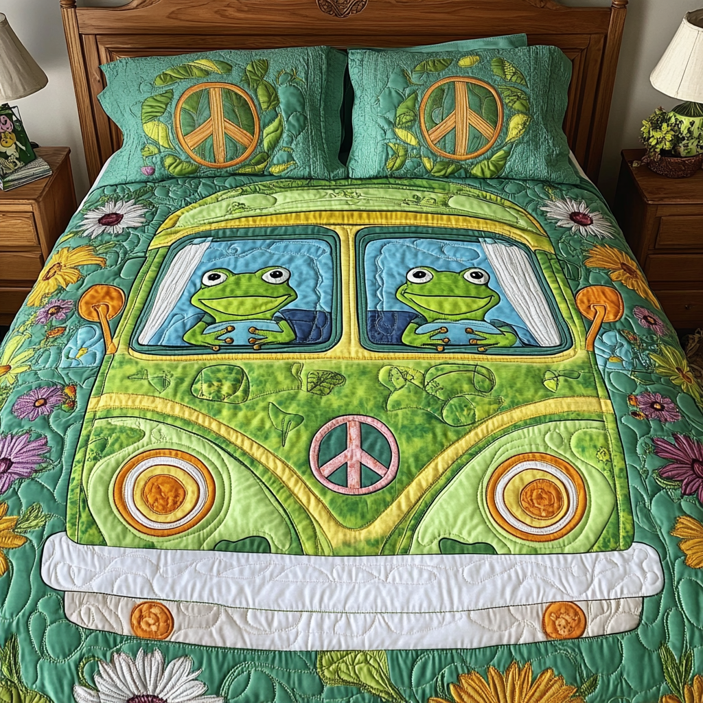 Groovy Leap Quilted Bedding Set Duvet Cover Bed Sheet Set Frog Gifts For Hippy Chicks