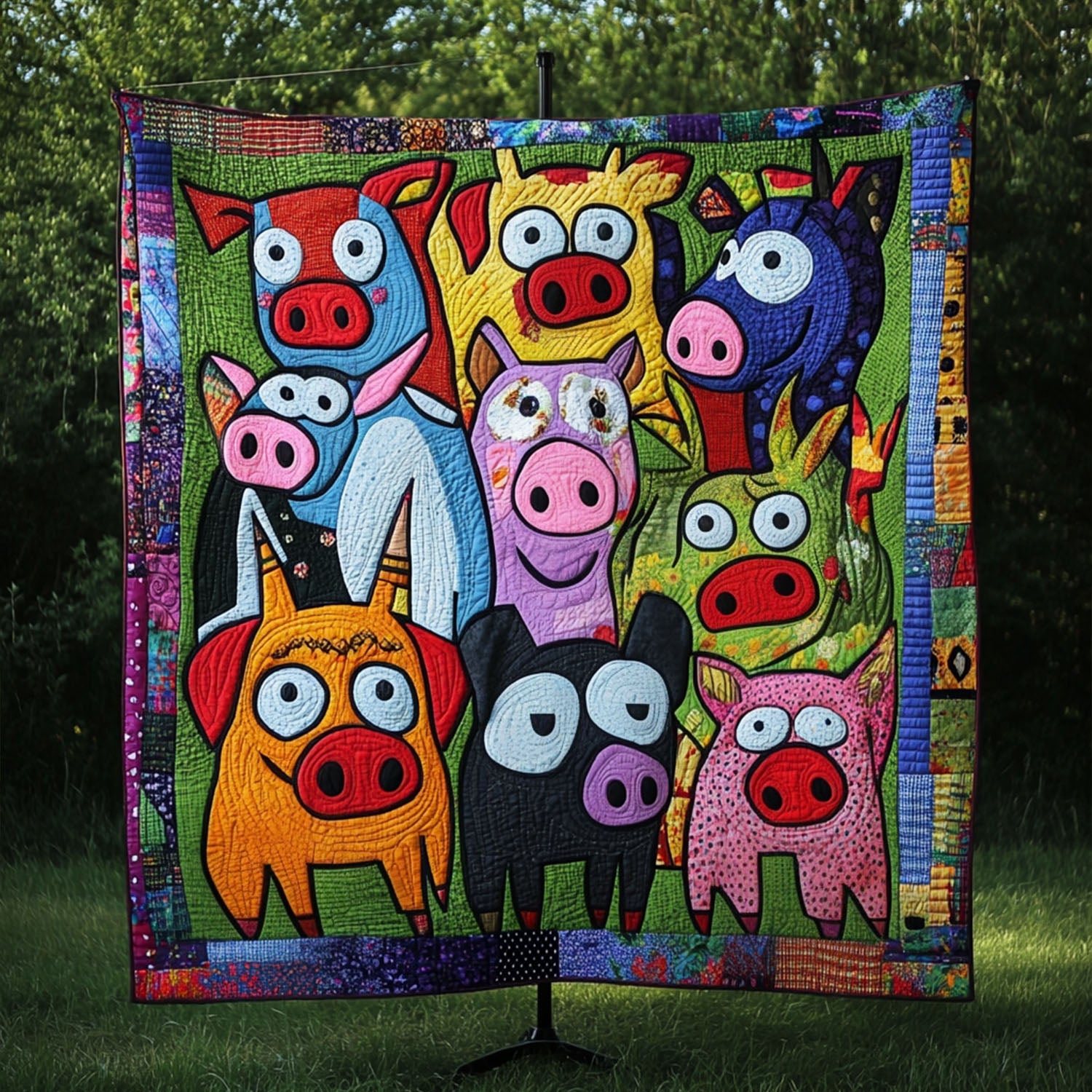 Happy Herd Quilted Blanket Cute Colorful Blanket Pig Themed Gifts Christmas Happy Herd Quilted Blanket Cute Colorful Blanket Pig Themed Gifts Christmas