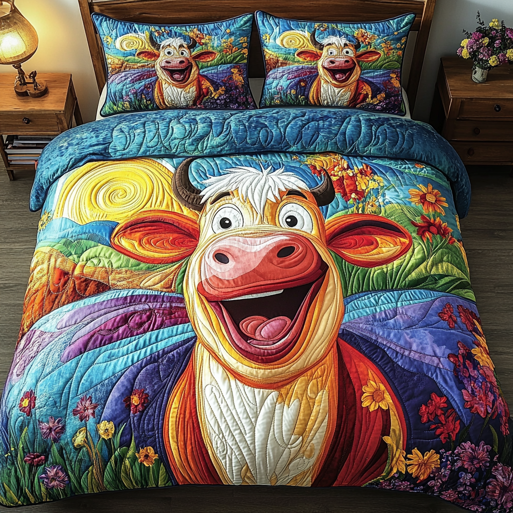 Happy Moo Quilted Bedding Set Duvet Cover Bedspreads Farm Cow Lover Gift