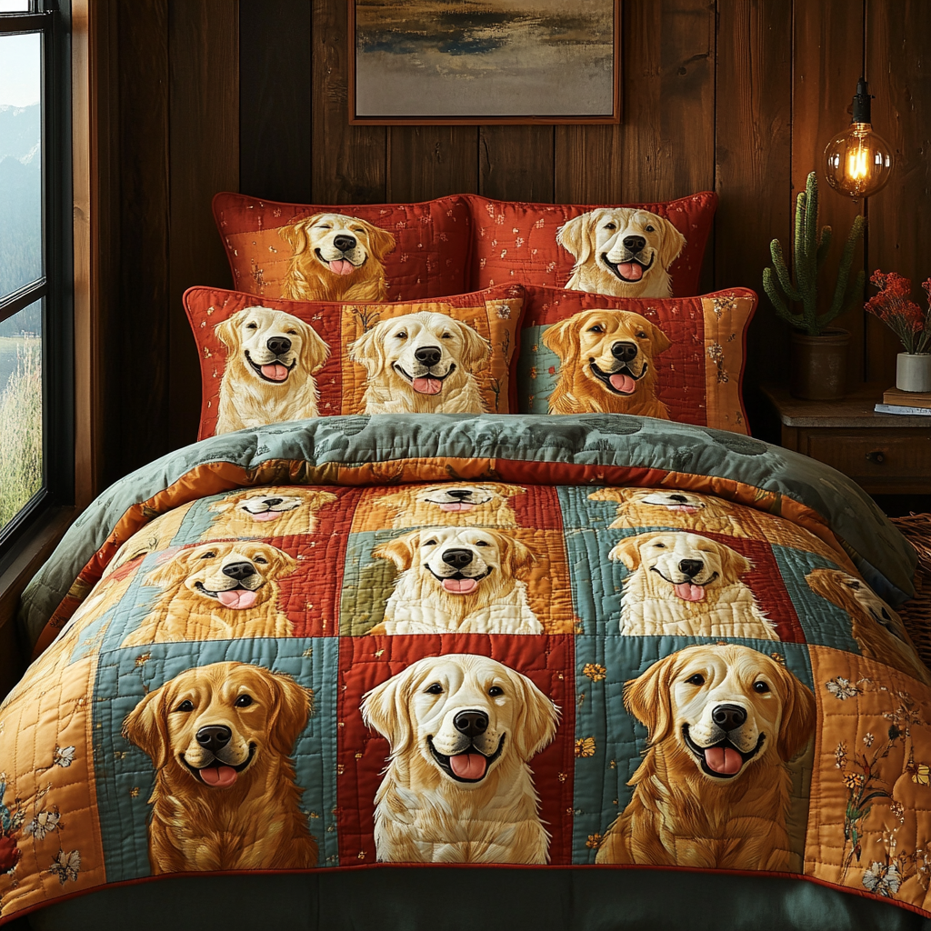 Happy Tail Quilted Bedding Set Duvet Cover Bed Sheet Set Gifts With Golden Retrievers On Them