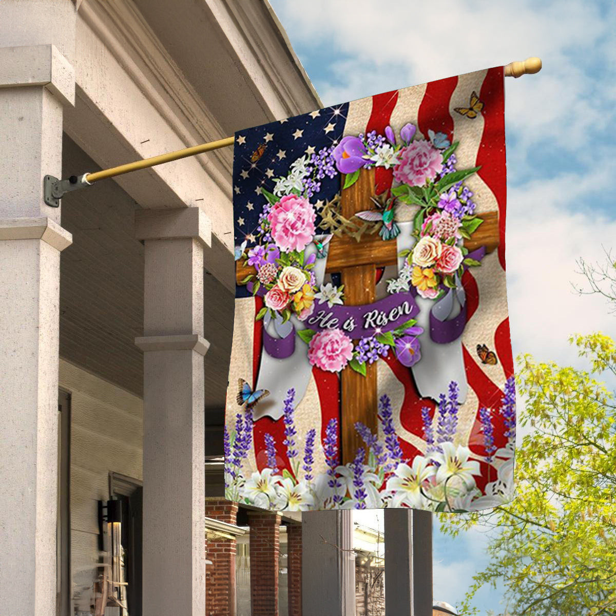 He Is Risen Christian Cross Flower American Flag Easter Christian Yard Outdoor Decor