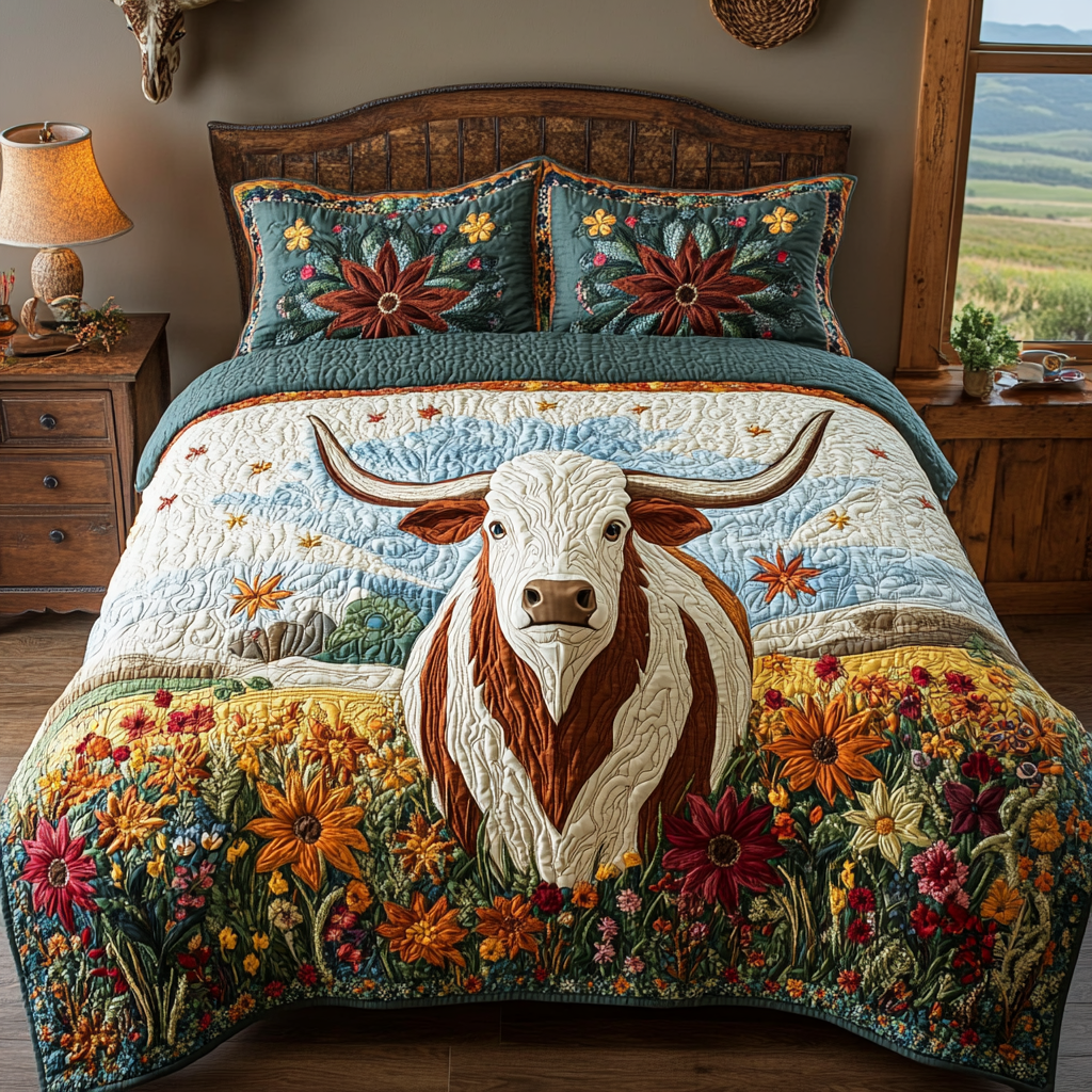 Heritage Horns Quilted Bedding Set Duvet Cover Bedspread Texas Themed Gifts Heritage Horns Quilted Bedding Set Duvet Cover Bedspread Texas Themed Gifts