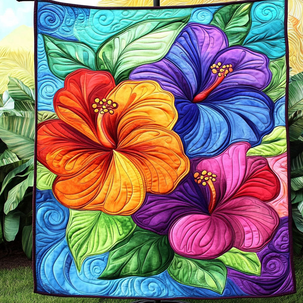 Hibiscus Dreamscape Quilted Blanket Cute Throw Blanket Christmas Presents For Dad