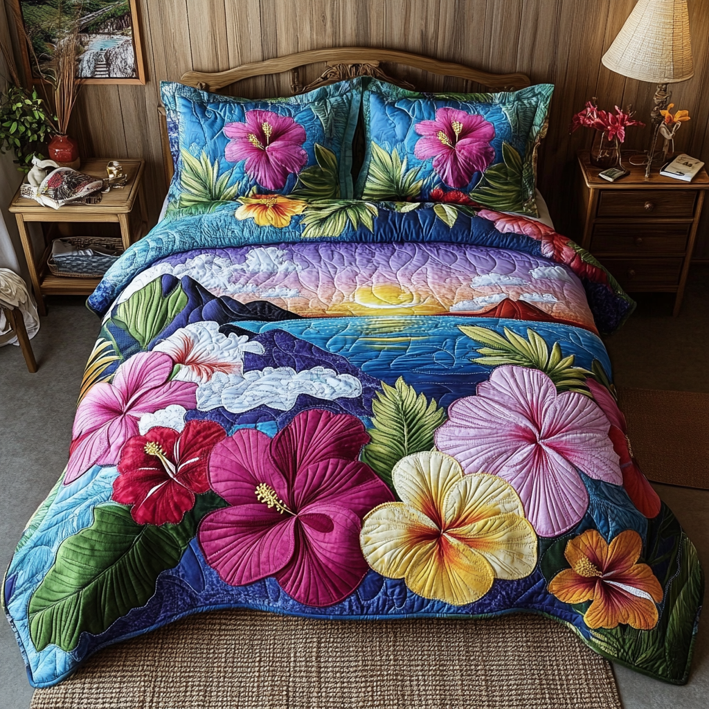 Hibiscus Sunset Quilted Bedding Set Duvet Cover Merch Presents For Beach Lovers Hibiscus Sunset Quilted Bedding Set Duvet Cover Merch Presents For Beach Lovers