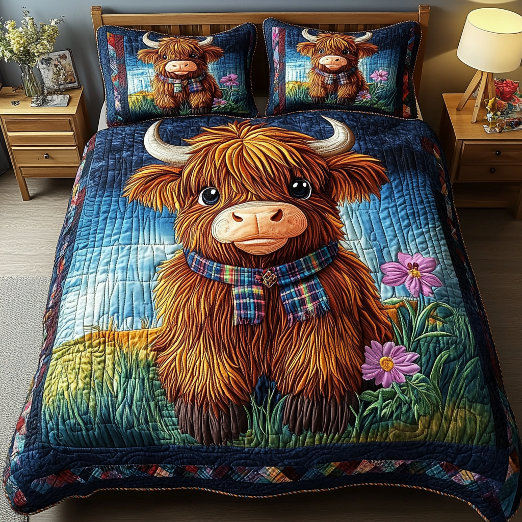 Highland Bloom Quilted Bedding Set Duvet Cover Bedspread Highland Cow Stuff Gifts Highland Bloom Quilted Bedding Set Duvet Cover Bedspread Highland Cow Stuff Gifts