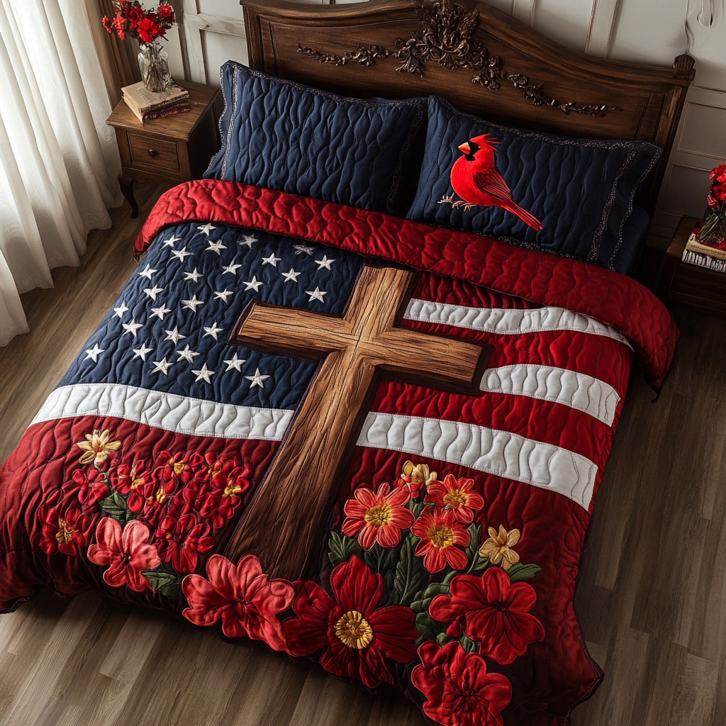 Holy Cross Quilted Bedding Set Duvet Cover Merch Faith Based Gift Ideas