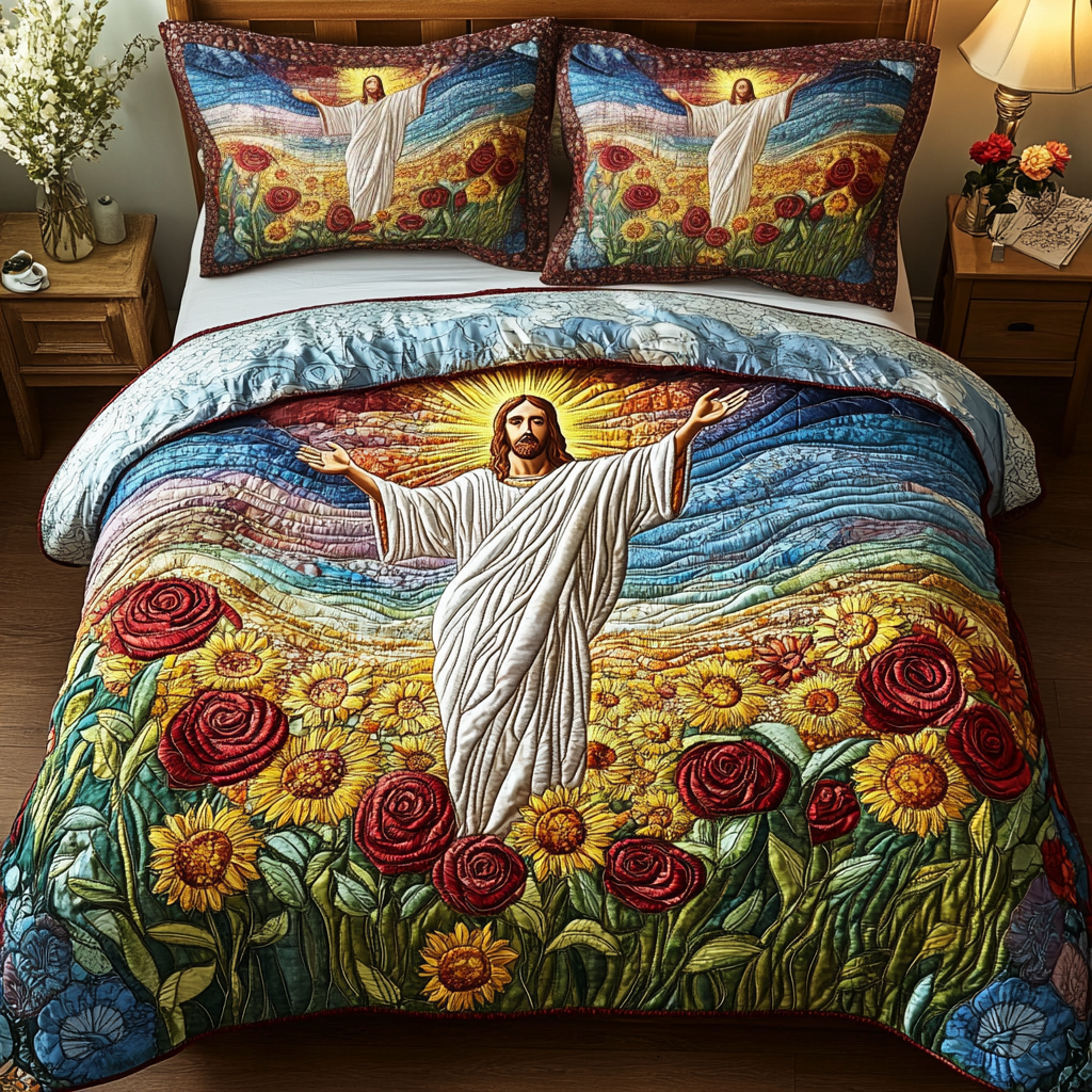 Holy Sunrise Quilted Bedding Set Duvet Cover Bed Sheet Set Faith Based Gifts For Her Holy Sunrise Quilted Bedding Set Duvet Cover Bed Sheet Set Faith Based Gifts For Her