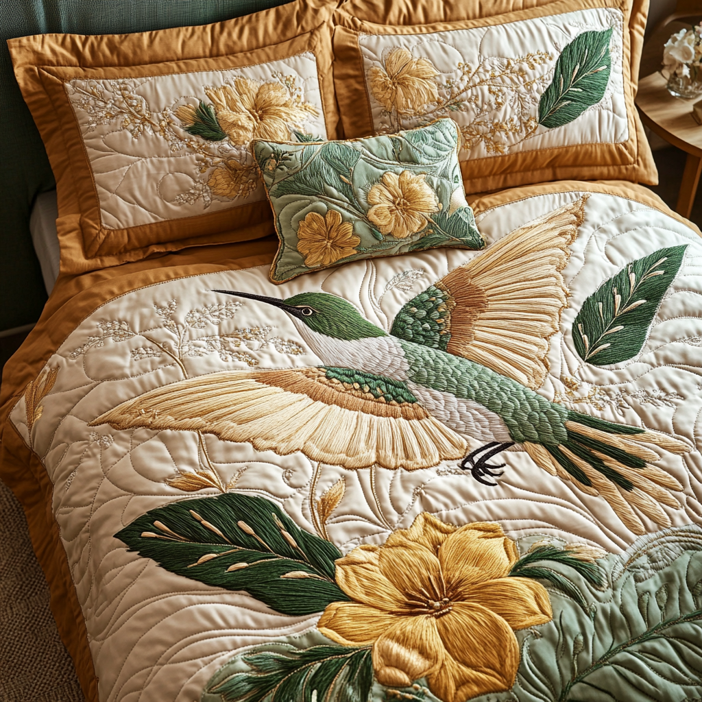 Humming Bloom Quilted Bedding Set Duvet Cover Merch Birthday Gifts For Hummingbird Lovers Humming Bloom Quilted Bedding Set Duvet Cover Merch Birthday Gifts For Hummingbird Lovers