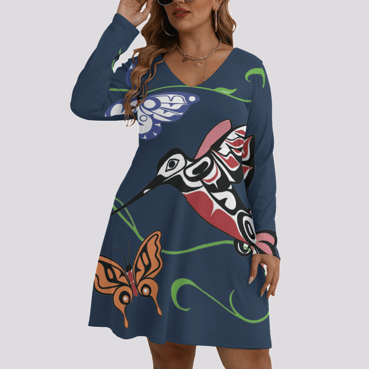Hummingbird And Butterfly Pacific Northwest Style Women's V-neck Long Sleeve Dress Lady Apparel Hummingbird And Butterfly Pacific Northwest Style Women's V-neck Long Sleeve Dress Lady Apparel