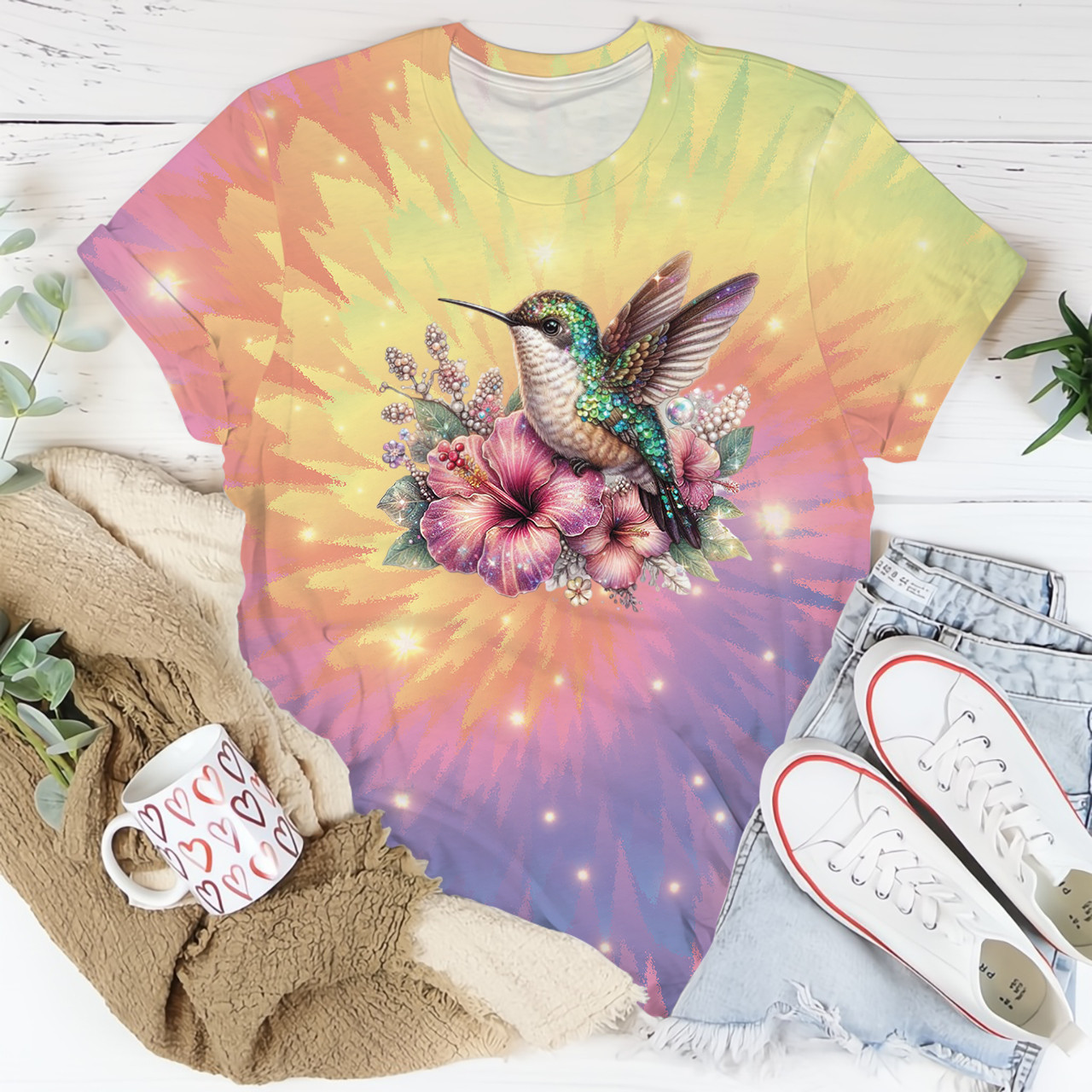 Hummingbird And Flowers Tie Dye Shirt Cool T-Shirts For Women Mother's Day Gift Hummingbird And Flowers Tie Dye Shirt Cool T-Shirts For Women Mother's Day Gift