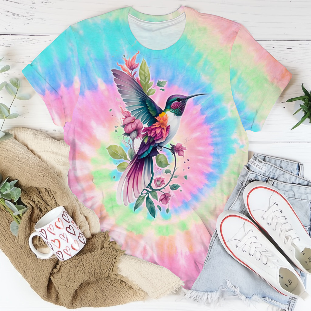 Hummingbird And Flowers Tie Dye Shirt Womens Graphic T-Shirts Gift For Mom Hummingbird And Flowers Tie Dye Shirt Womens Graphic T-Shirts Gift For Mom