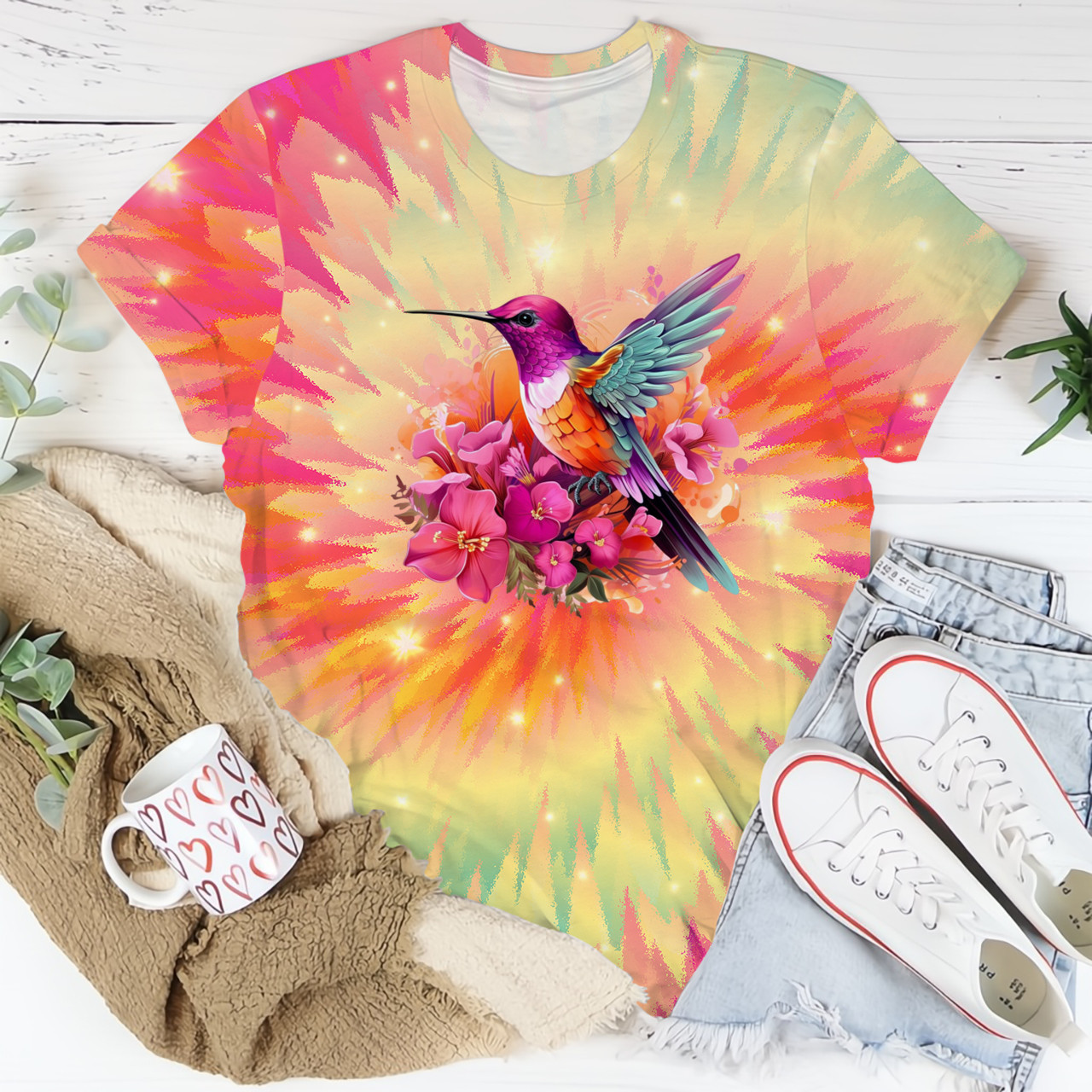 Hummingbird And Flowers Tie Dye Shirt Womens T-Shirts Gift For Mother's Day Hummingbird And Flowers Tie Dye Shirt Womens T-Shirts Gift For Mother's Day