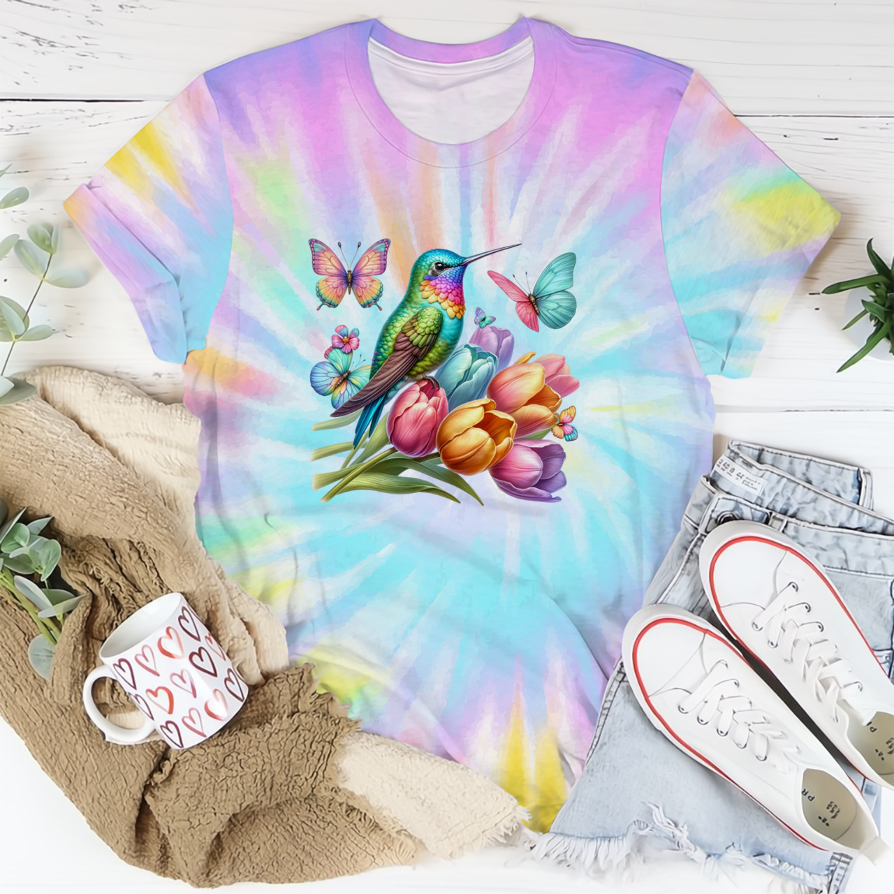 Hummingbird Butterflies And Tulip Tie Dye Shirt Best Graphic Tees For Women Hummingbird Butterflies And Tulip Tie Dye Shirt Best Graphic Tees For Women
