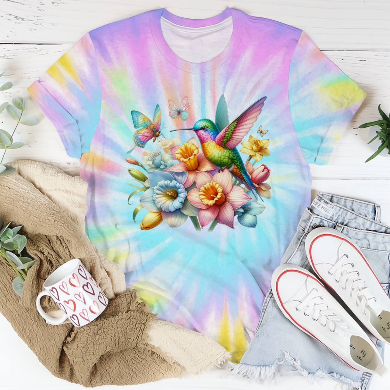 Hummingbird Butterfly And Flowers Tie Dye Shirt Ladies Tee Shirts Gift For Wife Hummingbird Butterfly And Flowers Tie Dye Shirt Ladies Tee Shirts Gift For Wife