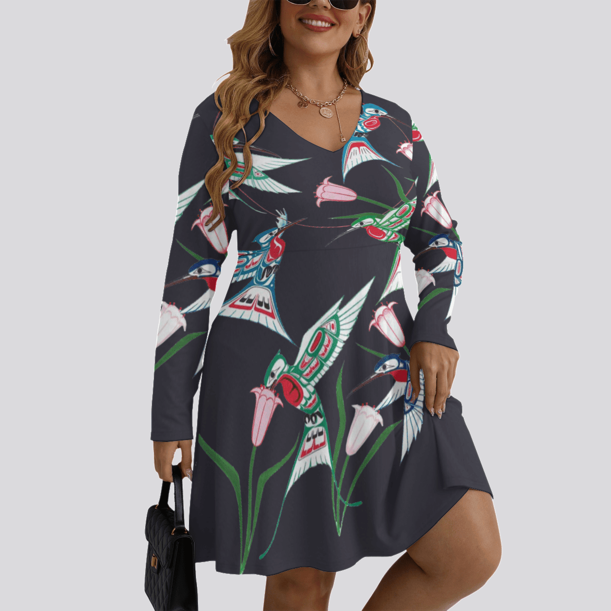 Hummingbird Pacific Northwest Style Women's V-neck Long Sleeve Dress Native American Apparel Hummingbird Pacific Northwest Style Women's V-neck Long Sleeve Dress Native American Apparel