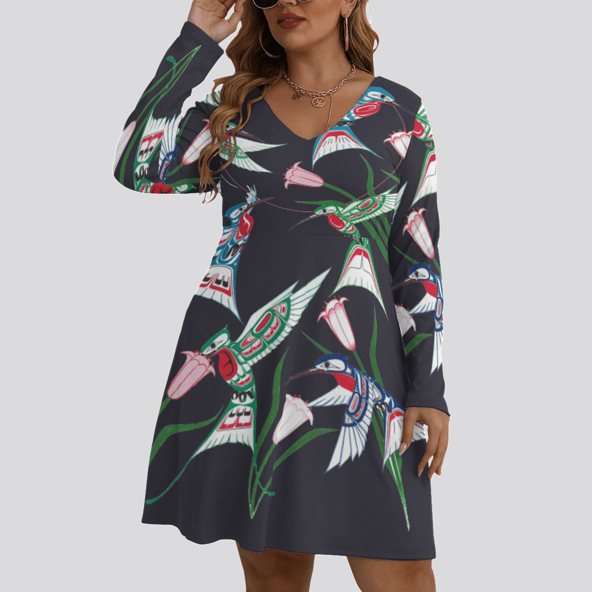 Hummingbird Pacific Northwest Style Women's V-neck Long Sleeve Dress Native American Apparel Hummingbird Pacific Northwest Style Women's V-neck Long Sleeve Dress Native American Apparel